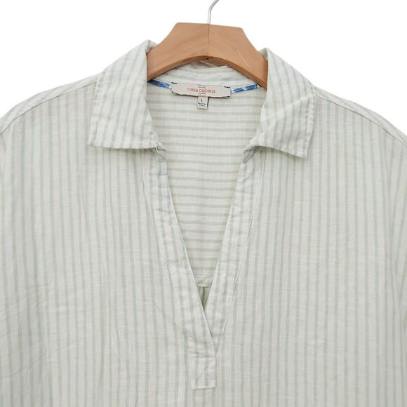 Casa Cabana Blouse Top Womens Large Sage Green Striped Cap Sleeve Linen Blend - Picture 2 of 11